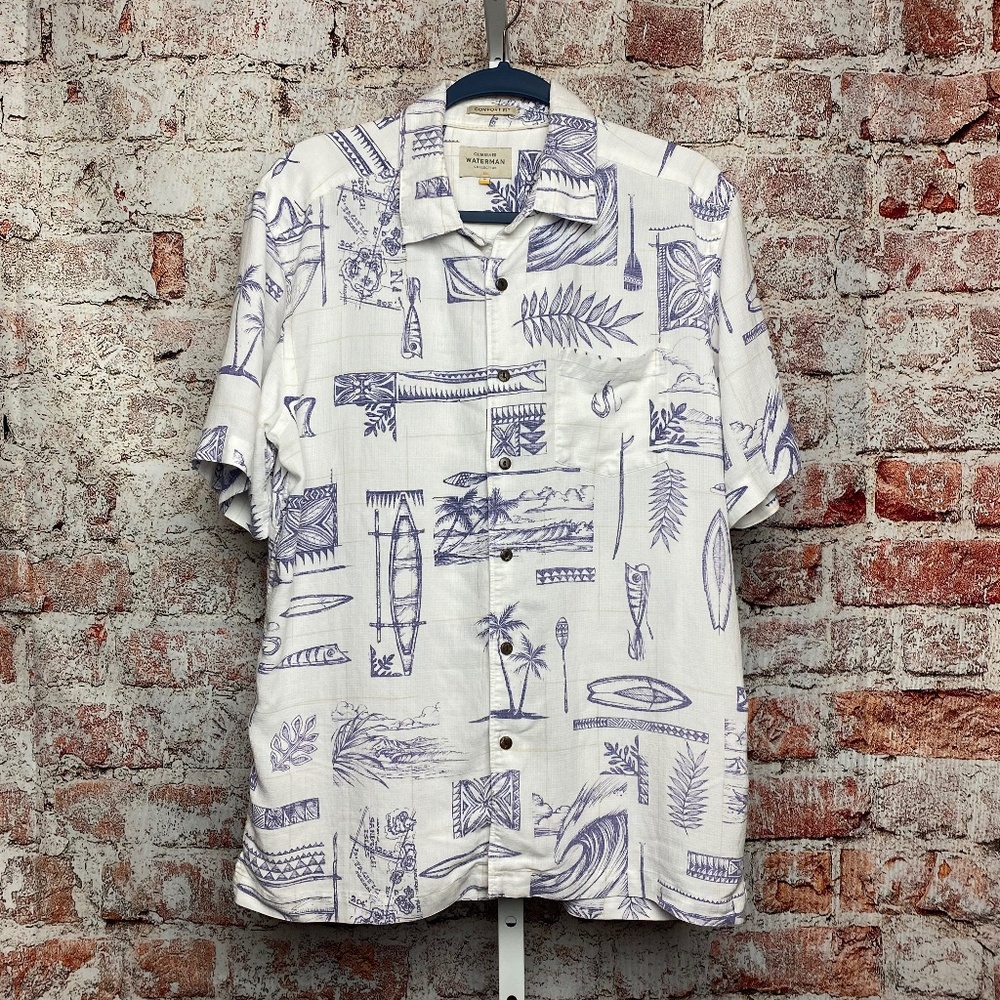 Quiksilver Waterman Collection Menʻs Aloha Shirt White/Blue Size Small